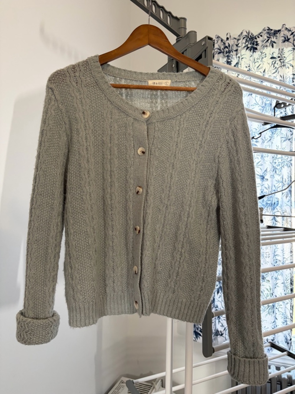 Women's Light Gray Cable-Knit Button Cardigan Sweater